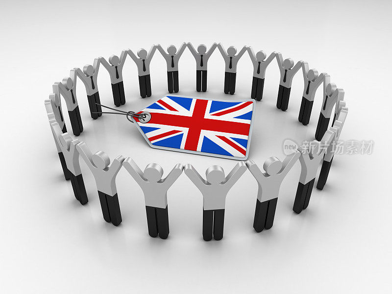 象形图团队与英国国旗价格标签- 3D渲染